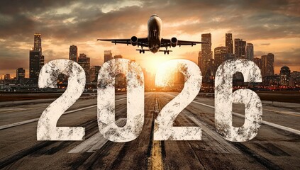 Airplane taking off over a city skyline at sunset, with "2026" prominently displayed on the runway