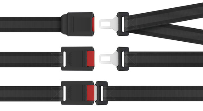 Black seatbelt buckle set with red release button and metal tongue for car safety equipment. Open and closed positions with textured strap. Vehicle restraint system components for automotive use.