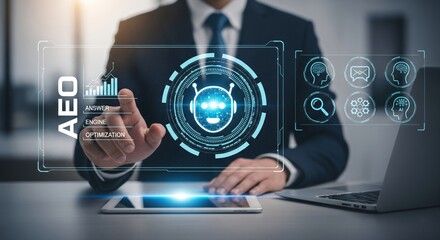 Businessman Using Futuristic AEO Digital Interface with AI and SEO Technology Icons – Answer Engine Optimization Concept