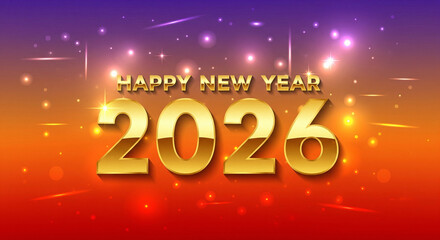 Happy New Year 2026 golden 3D text on a sparkling futuristic galaxy background with colorful lights