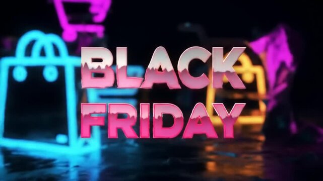 Dynamic Black Friday Sale Promo with Neon Shopping Bags and Reflective Text