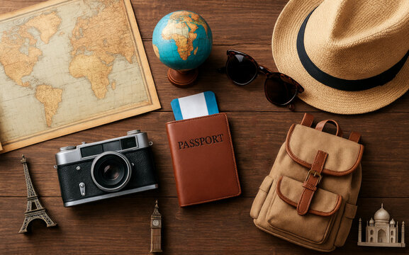 A flat lay arrangement of iconic travel essentials placed on a rustic wooden table, representing the concept of World Tourism Day. - Powered by Adobe