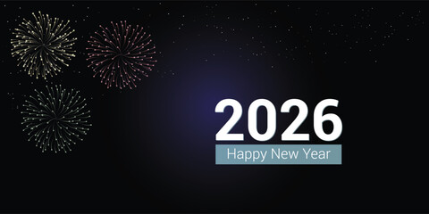 2026 New Year banner design with colorful fireworks on dark background, 