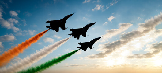 Indian Air Force Day October 8 Fighter Jets in Formation with Tricolor Smoke Trails in Clear Blue Sky