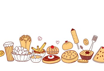 Hand-drawn bakery menu template with doodle food illustrations, graphic, cake