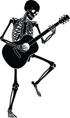 Vector illustration a skeletal figure playing a guitar with one leg raised against a plain light colored background