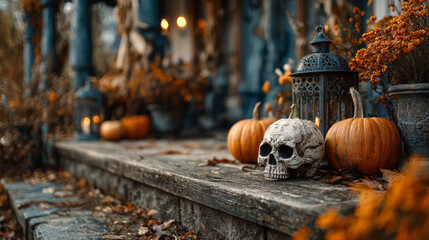 Skull is placed on a step next to pumpkins and lanterns. 