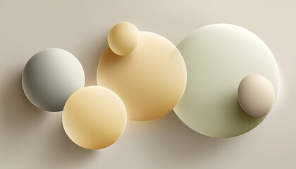 Soft, muted-toned spheres and circles overlap on a light beige background, creating a sense of gentle depth and calm