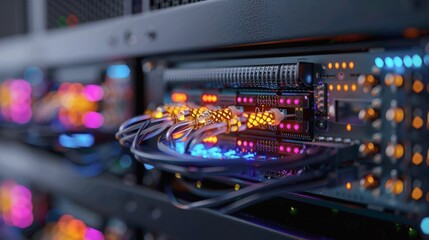 Naklejka premium A highly detailed, cinematic close-up of a high-performance computing (HPC) or AI server rack