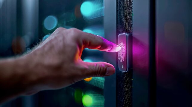 a hand of a technician using a biometric fingerprint scanner to gain access to a secure data center area