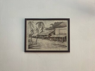 Fototapeta premium Artistic framed drawing of wooden village houses and tropical palm trees, handmade sketch illustration for wall art and interior decor.