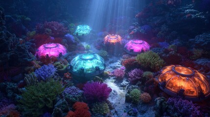 Fototapeta premium Glowing Coral Reef - Vibrant Underwater Ecosystem with Bioluminescent Flora and Sunbeams.