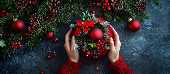 Woman placing Christmas centerpiece with pine cones, holly, and Christmas decorations