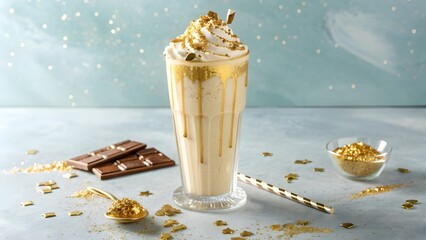 Luxurious Gold Flake Milkshake With Decadent Gourmet Tone, Creamy Indulgent Dessert Beverage Styled Against A Soft Elegant Backdrop For Premium Luxury Food And Drink Concepts