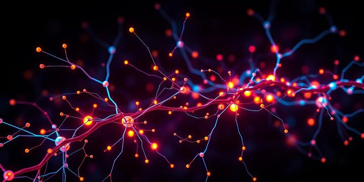 Abstract neural network, glowing synapses on dark background,  energy,  points