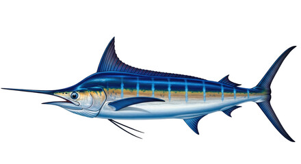 Isolated Marlin fish swimming underwater against the current, a classic blue marine creature