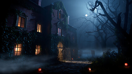 Eerie dark haunted mansion at night with glowing windows and misty atmosphere silhouetted trees and...