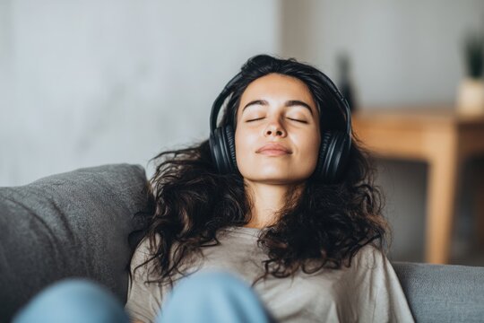 young woman with headphones lounging on a sofa at home portrait of a girl relaxing in a modern living room interior