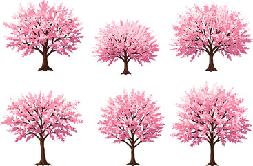 Cherry blossom tree vector set, spring floral illustration, pink sakura bloom clipart, seasonal nature design, Japanese garden art elements