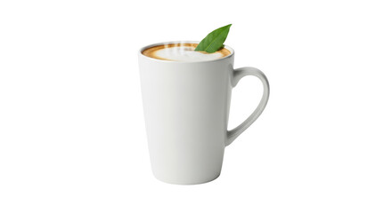 Isolated latte art coffee cup with green leaf garnish for cafe concept drink shot