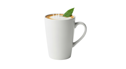 Isolated latte art coffee cup with green leaf garnish for cafe concept drink shot