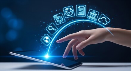 Futuristic Business Technology Concept with Holographic Icons Emerging from Digital Tablet – Neon Blue Interface