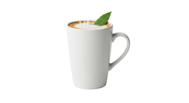Isolated latte art coffee cup with green leaf garnish for cafe concept drink shot