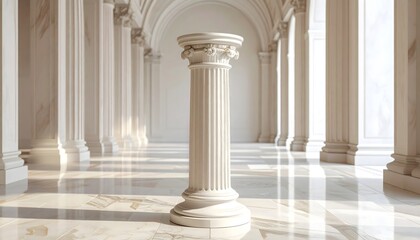 Fototapeta premium Elegant Classical Marble Pedestal in a Grand Colonnade Hallway with Soft Light