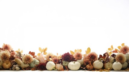 An elegant autumn botanical border with white pumpkins, gourds, and chrysanthemums on a clean white background; a chic video template for a luxury brand or wedding invitation.