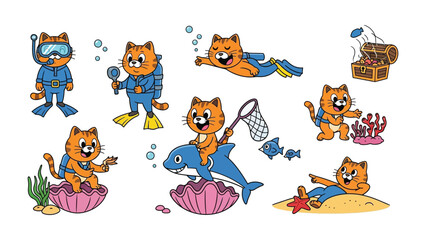 Cat's Underwater Adventure: An endearing cartoon cat embarks on an underwater escapade. Equipped with scuba gear and exploring underwater realms.