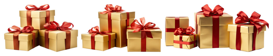 Fototapeta premium PNG Elegant gold gift boxes, element set on transparent background