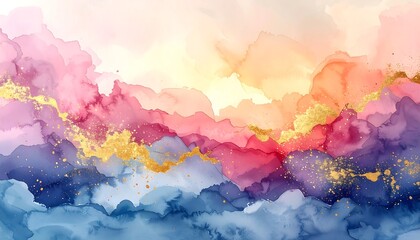Abstract watercolor landscape with blended colors and gold accents