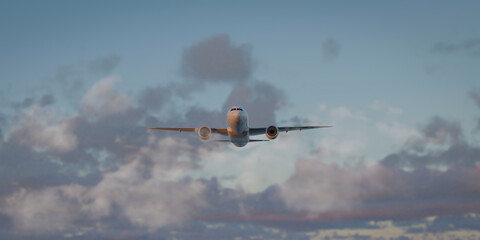 White passenger airplane flying in the sky amazing clouds in the background. 3d render. 