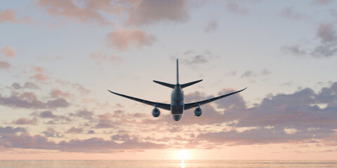 White passenger airplane flying in the sky amazing clouds in the background. 3d render. 