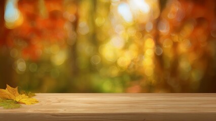 Gentle Autumn Background with a Clean Wooden Table and Abstract Fall Color Bokeh, a Serene Template for a Thanksgiving Quote or Wellness Product Mockup.