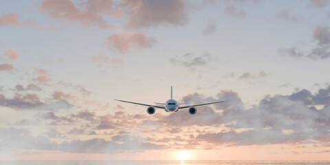 White passenger airplane flying in the sky amazing clouds in the background. 3d render. 