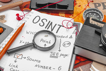 OSINT-themed creative workspace with vintage tools, handwritten notes, and press elements