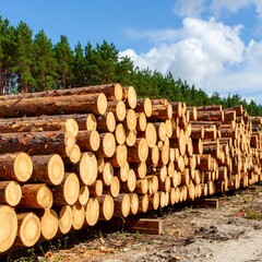 Stacked logs in a forest
