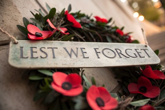 Remembrance day wreath with red poppies and lest we forget sign