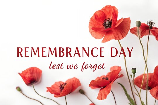 Remembrance day card with red poppy flowers isolated on white background