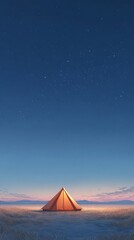 Golden hour tent glow fading into deep night sky with constellations