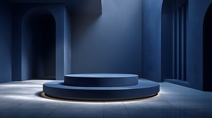 Modern Blue Interior with Pedestal and Soft Light Accent