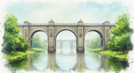 Fototapeta premium Watercolor painting of a stone bridge over a river