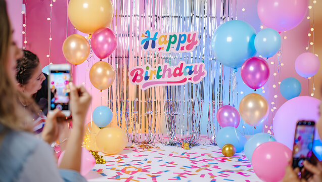A festive birthday party scene with colorful balloons a shimmering fringe backdrop and confetti covering the table capturing the joy and celebration of a special occasion