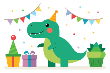Obraz premium Cartoon Dinosaur Birthday Celebration Festive Party with Gifts, Flags, and Birthday Dino