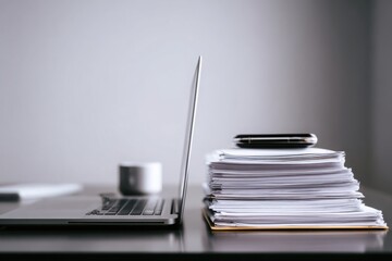 close-up of a desk in an office with documents, a laptop, and a phone on it, against a gray background, minimalistic style.