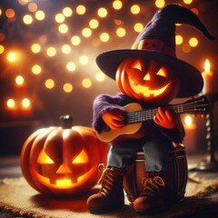 Bold jack-o'-lantern playing guitar on barrel in glowing background with witch hat, candles. Great for Halloween prints, tees, souvenirs, embodying spooky musical theme