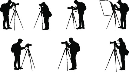 Silhouette vector illustration of photographers using cameras on tripods, adjusting lenses, setting lights, capturing photos, professional photography, shooting, equipment.