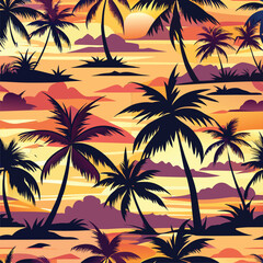 Sunset Tropical Island Paradise Seamless Pattern
