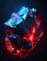 A dramatic, close-up view of a fractured rock formation, illuminated by vibrant blue and red glows, highlighting the internal molten core.